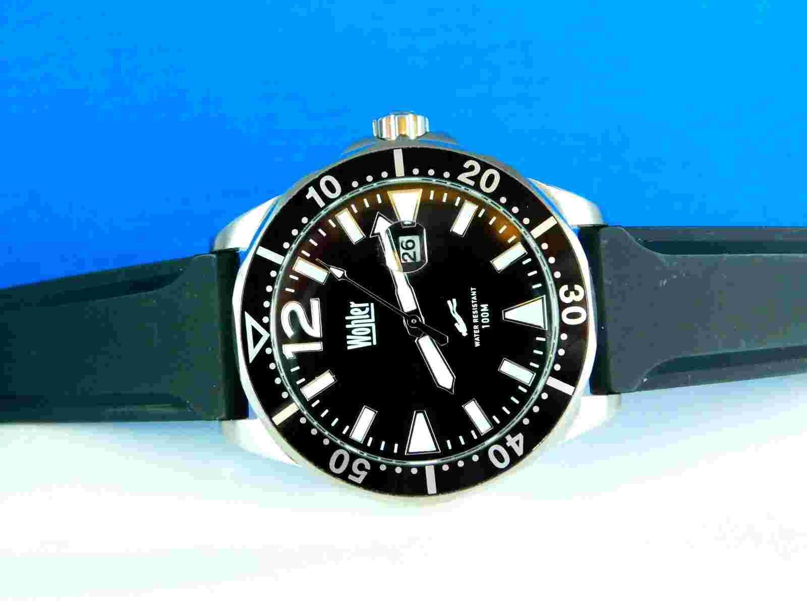 NEW WOHLER 100 METERS DIVER BLACK DIAL 45MM STAINLESS STEEL MENS WRISTWATCH
