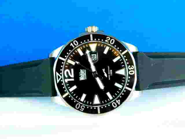 NEW WOHLER 100 METERS DIVER BLACK DIAL 45MM STAINLESS STEEL MENS WRISTWATCH