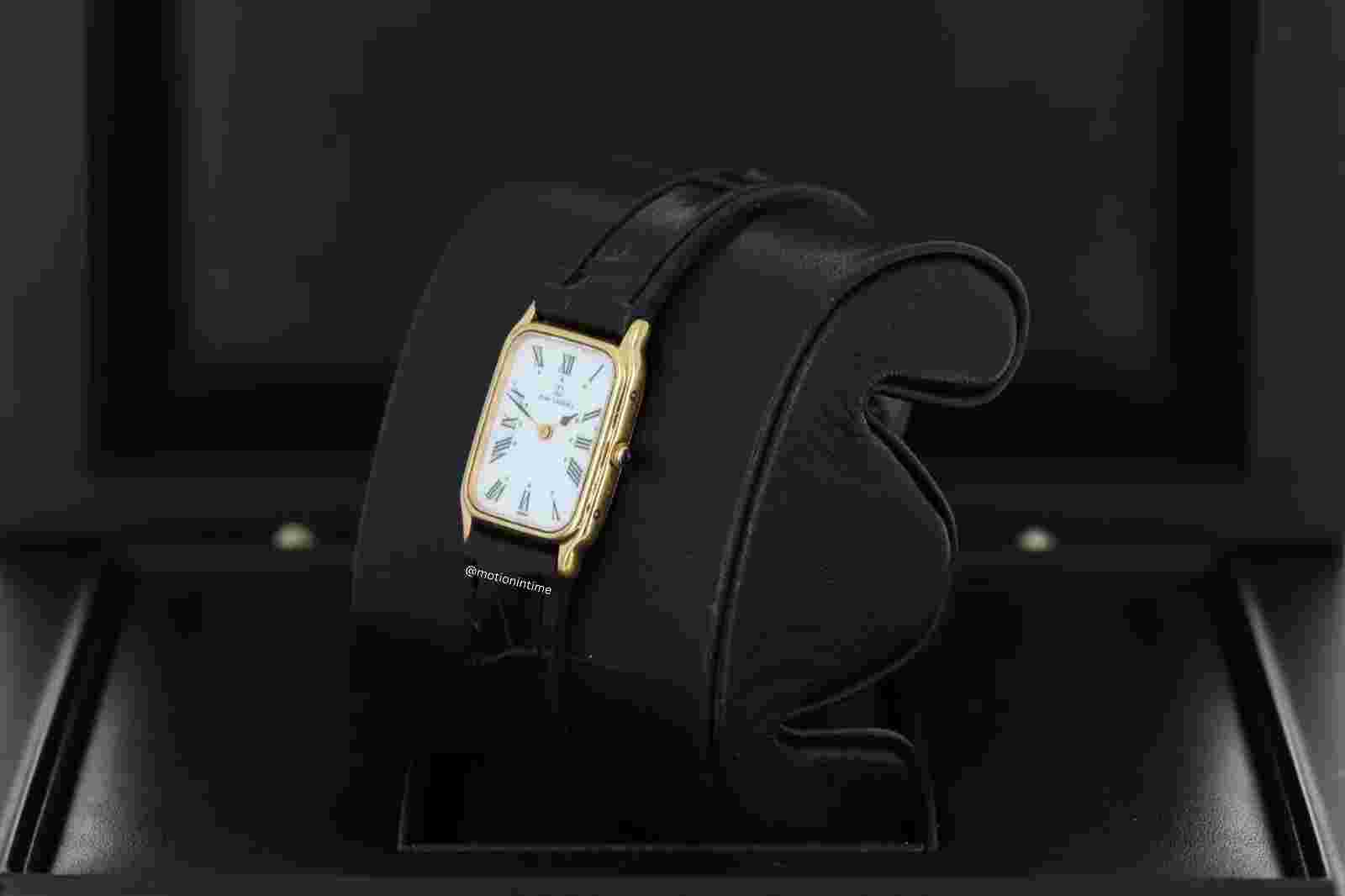 Jean Lassale Tank 18kt YG Ladies White Roman Dial Black Spade Hands 1980's