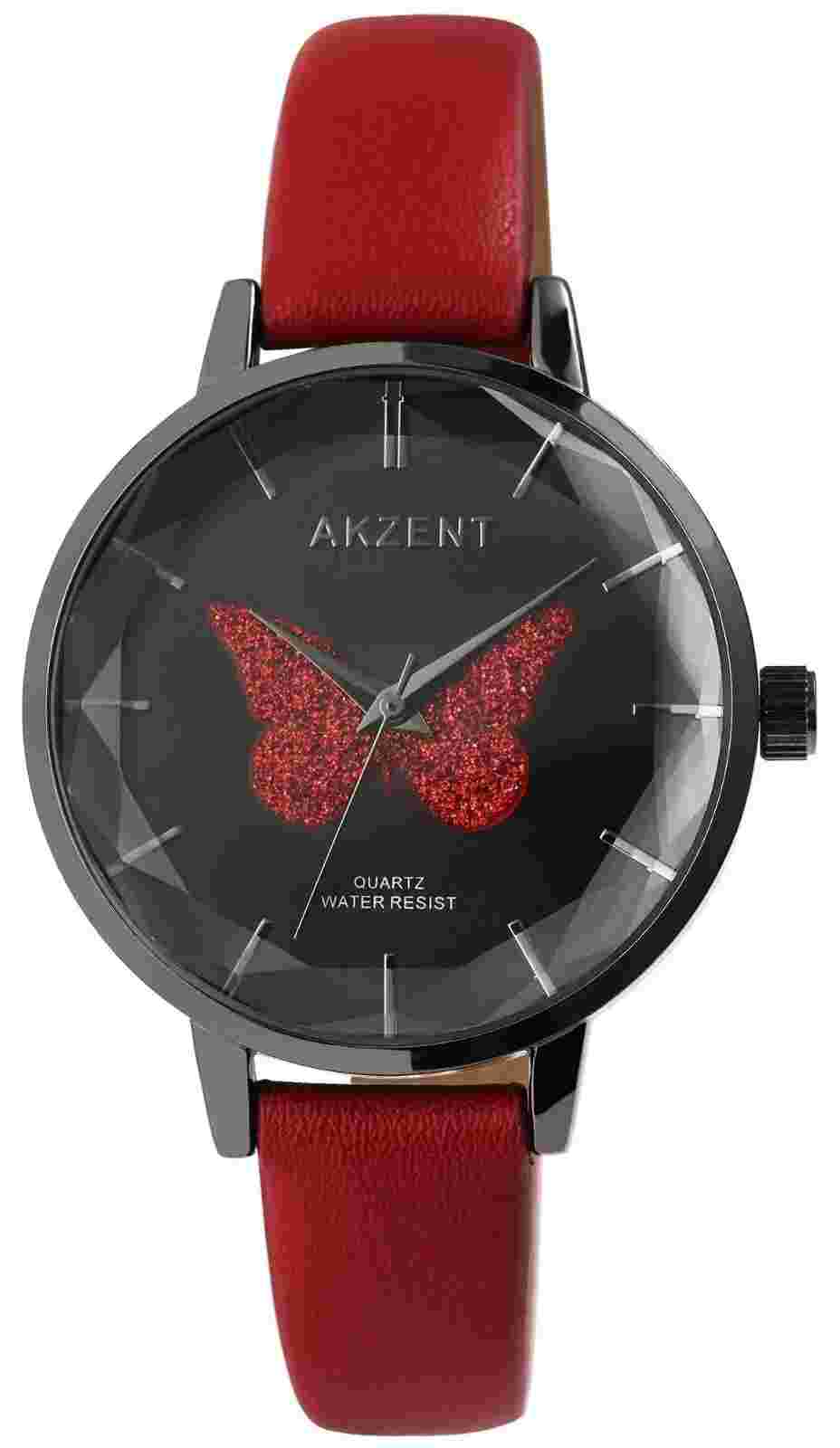 Modische Akzent Damen Uhr Schwarz Rot Leder Schmetterling Analog Frauen