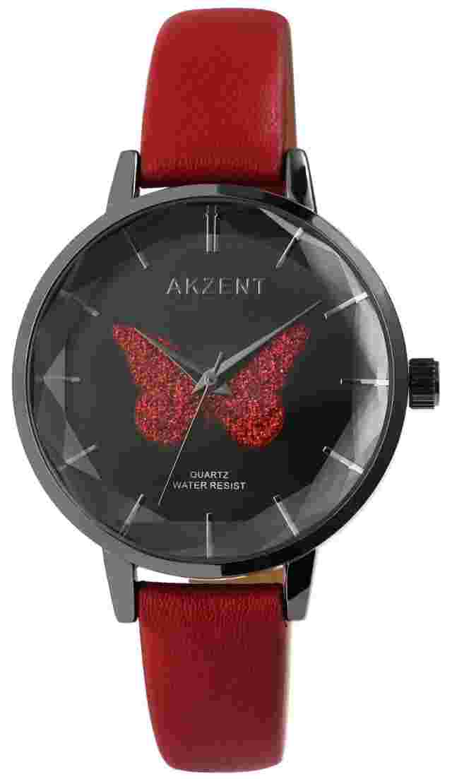 Modische Akzent Damen Uhr Schwarz Rot Leder Schmetterling Analog Frauen