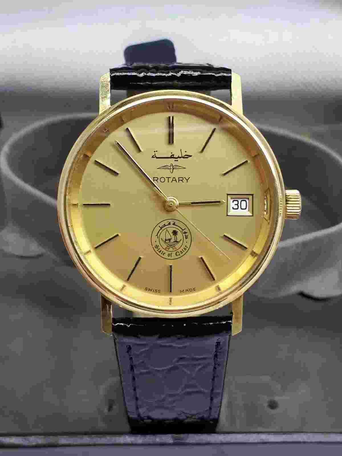 VINTAGE ROTARY AUTOMATIC QATAR SOLID GOLD 18K SWISS DATE MEN’S WATCH XRARE خليفه