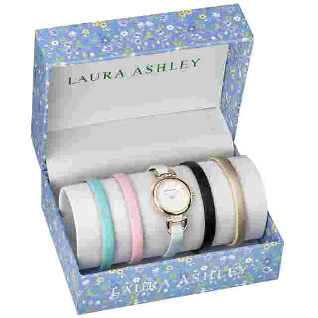 Laura Ashley Womens Skinny Strap Heirloom Watch Set W 4 Interchangeable Straps