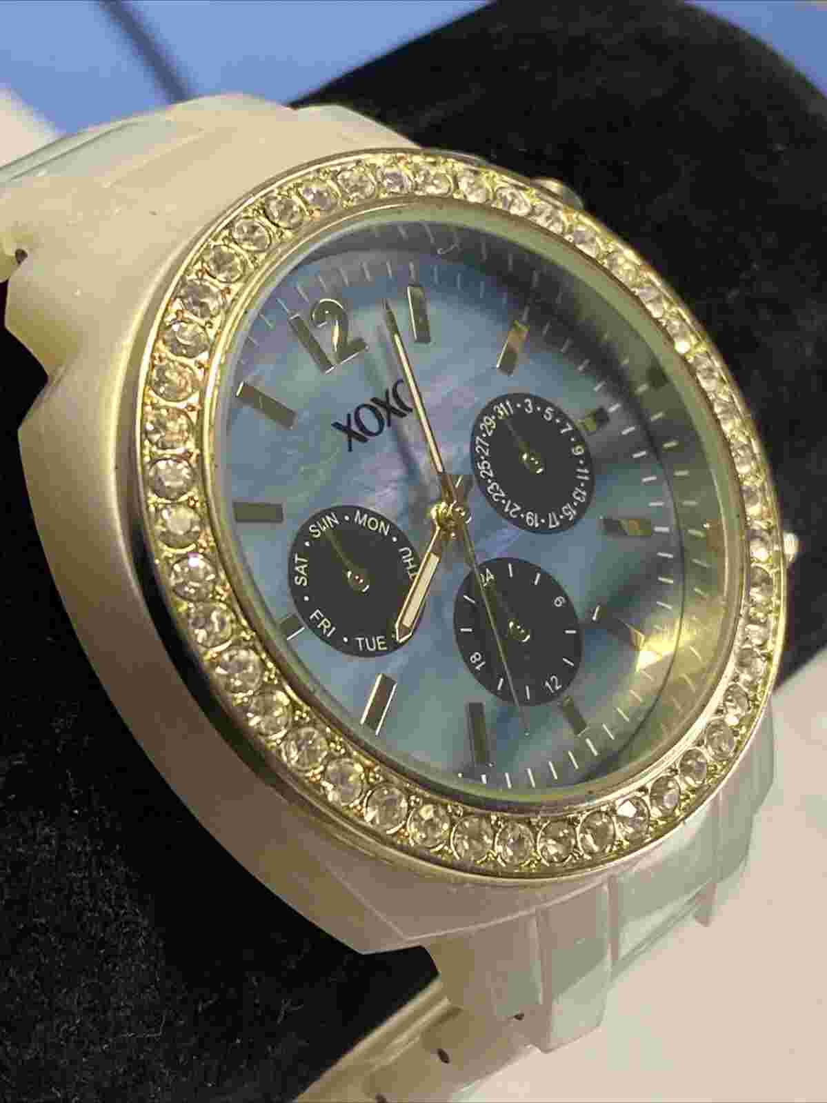 XOXO Watch New Battery Pearl Band Diamond Accent Bezel Blue Face