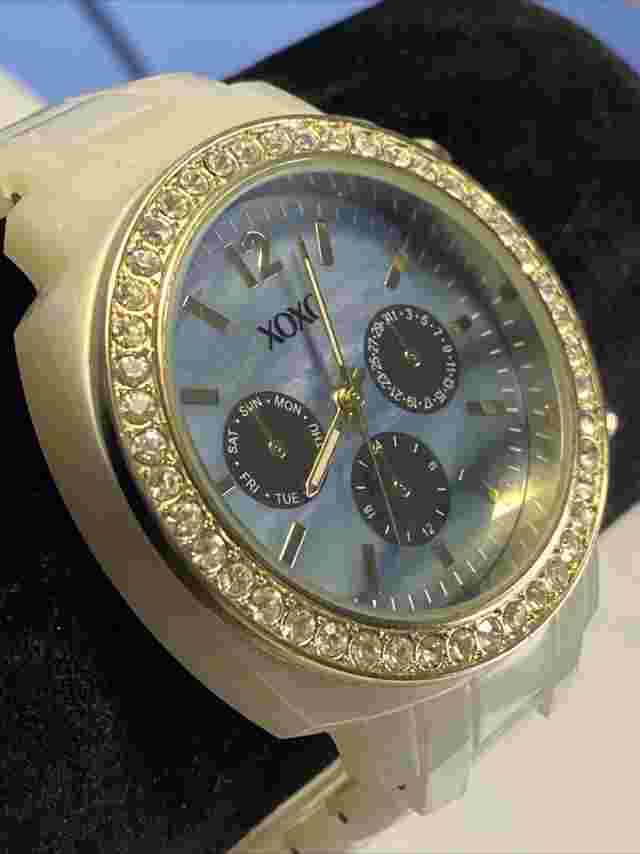 XOXO Watch New Battery Pearl Band Diamond Accent Bezel Blue Face
