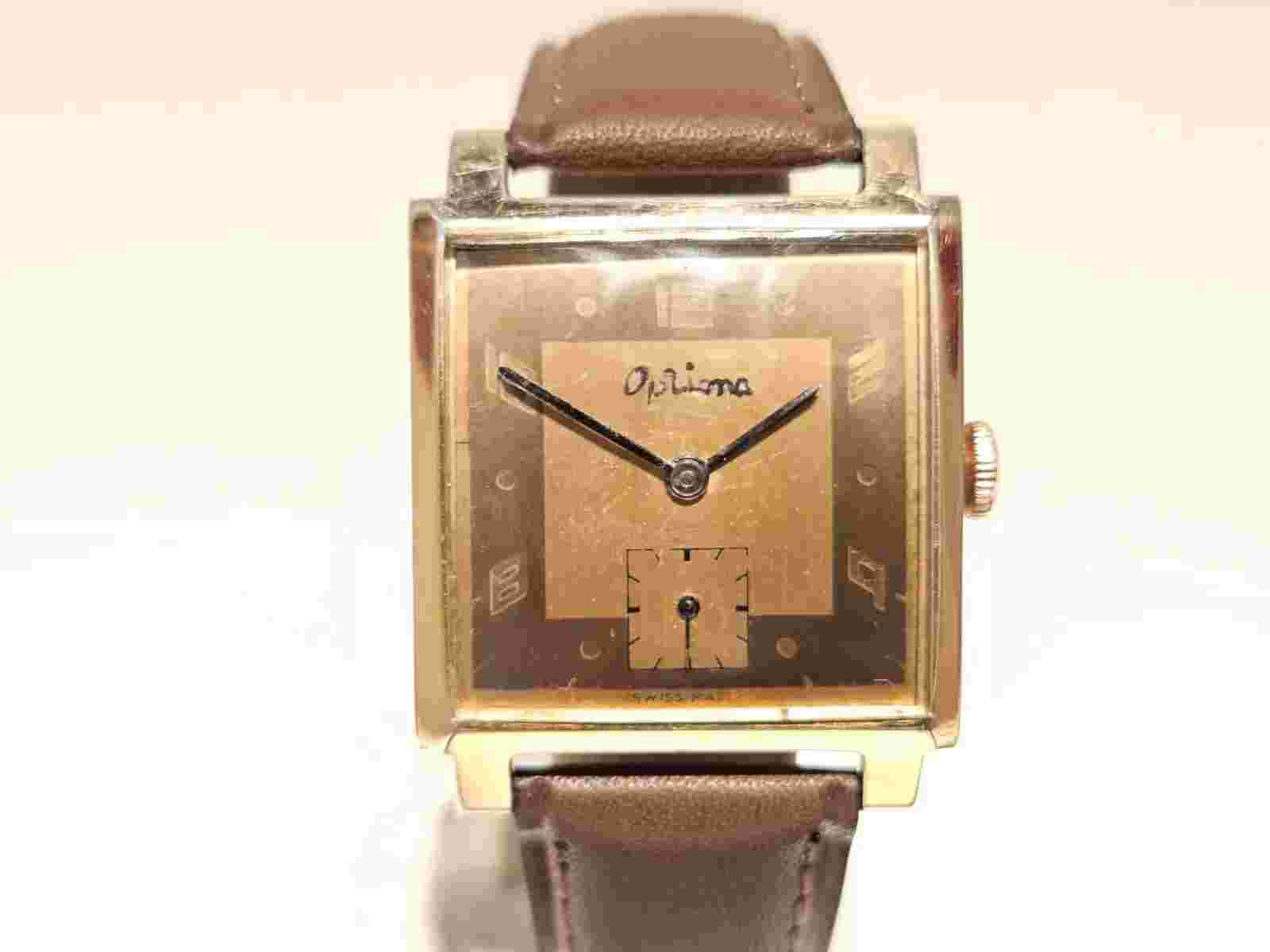 VINTAGE RARE WW2 SQUARE SWISS GOLD PLATED LUXURY MEN'S MECHANICAL WATCH "OPTIMA"