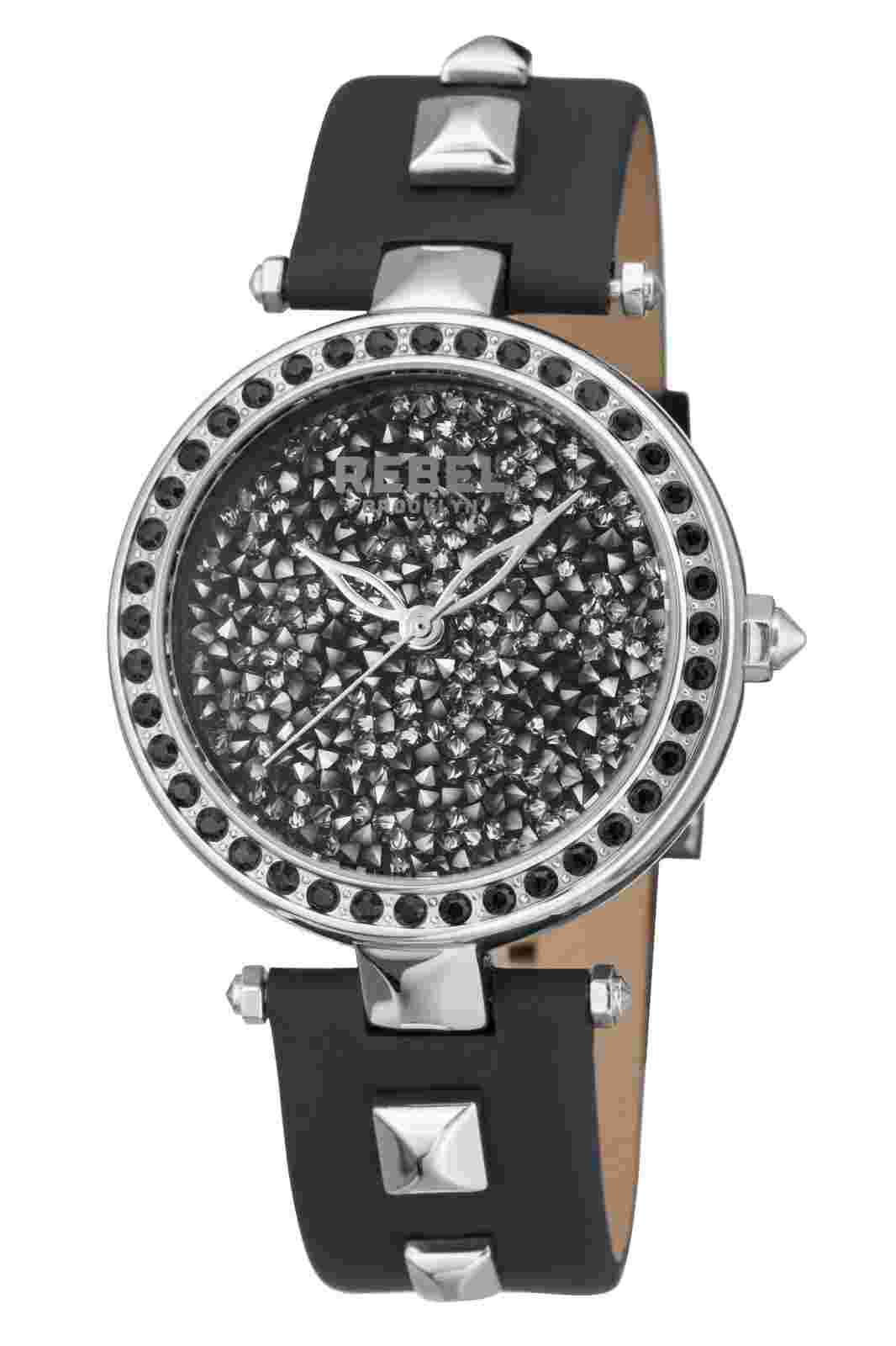 Rebel Womens RB101-4071 Rockaway Parkway Crystal Filled Dial Black Leather Watch