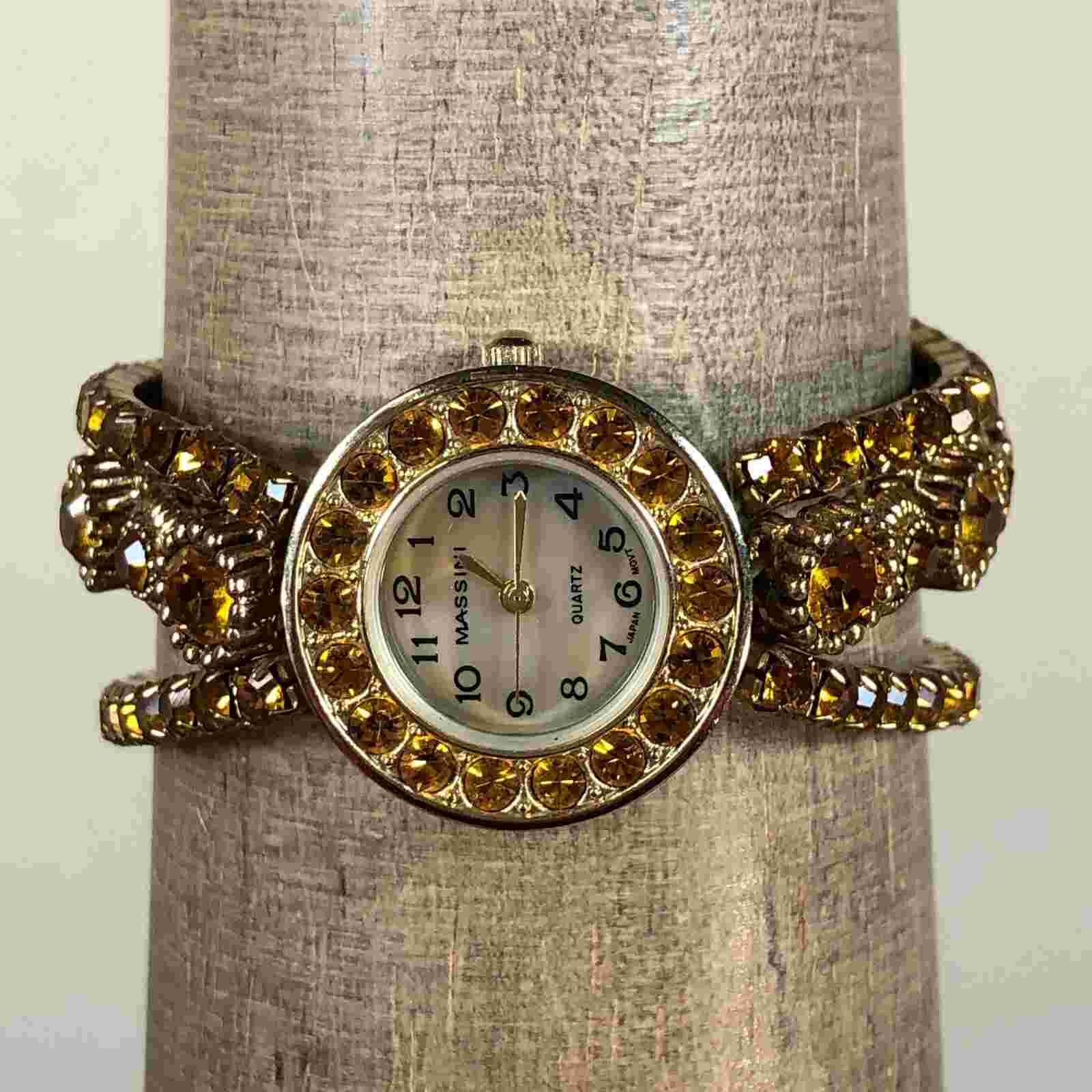 Massini Classic Style Gold Tone Round Case Yellow Beads Stretch Band Watch