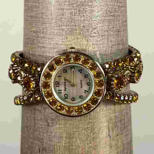 Massini Classic Style Gold Tone Round Case Yellow Beads Stretch Band Watch