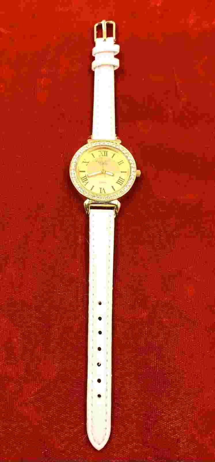GINO MILANO Gold Tone Crystal Accent Quartz Watch, White Band, 39mm EUC