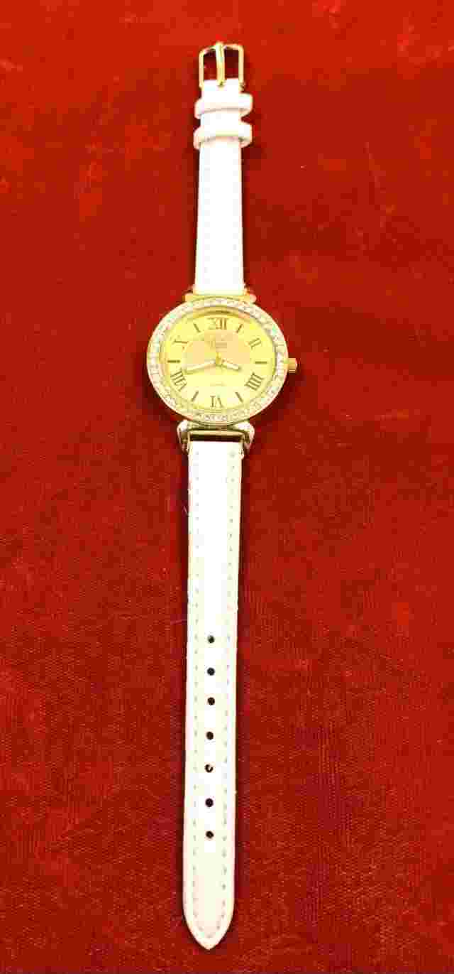 GINO MILANO Gold Tone Crystal Accent Quartz Watch, White Band, 39mm EUC
