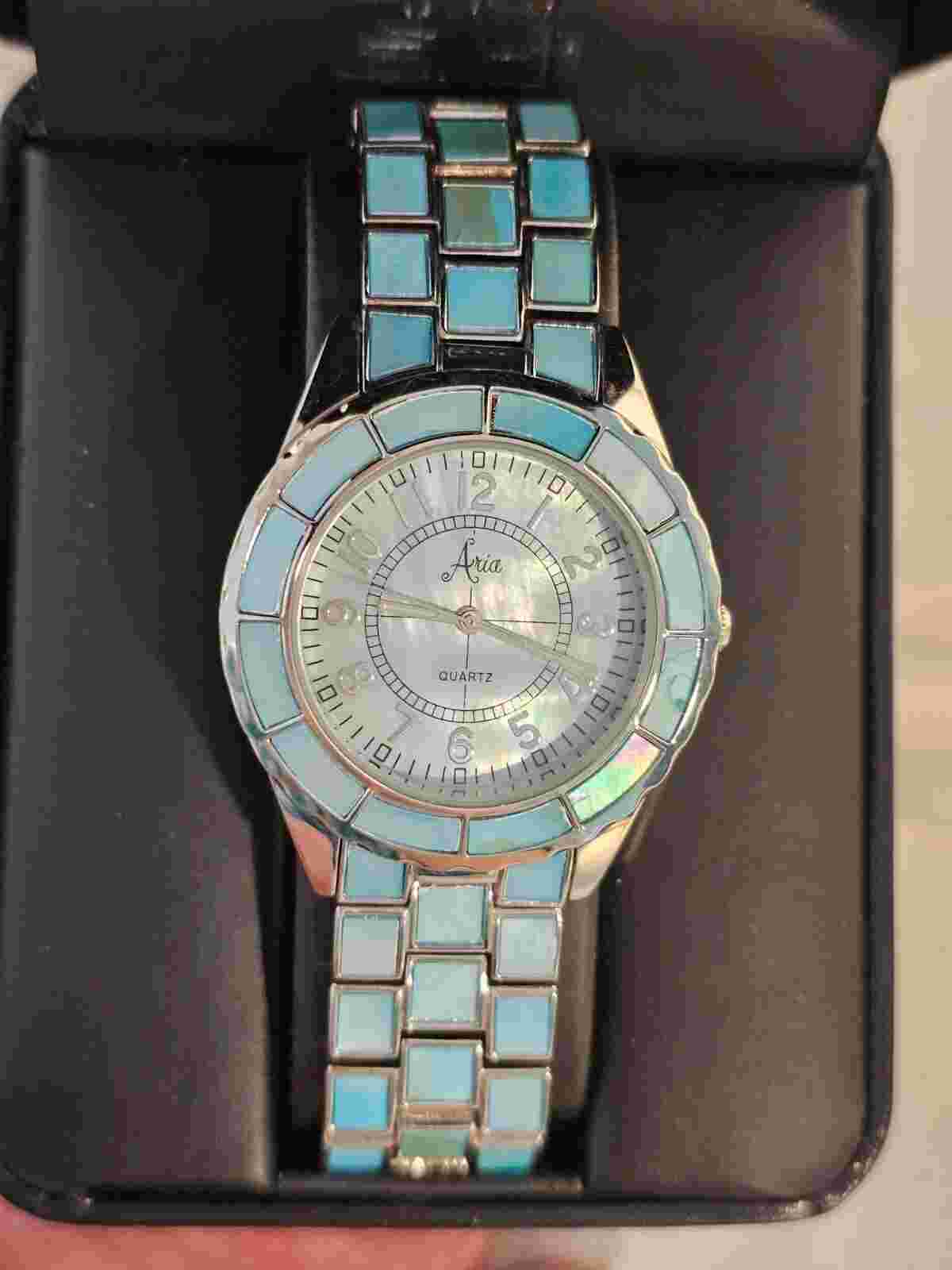Aria blue mother of pearl watch link bracelet in box