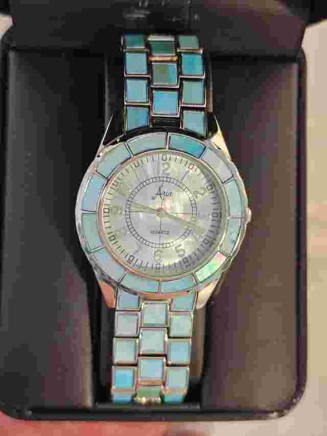 Aria blue mother of pearl watch link bracelet in box