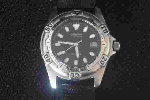 CARAVELLE BULOVA WATCH MENS QUARTZ CHROME WITH BLACK DIAL & BLACK LEATHER STRAP