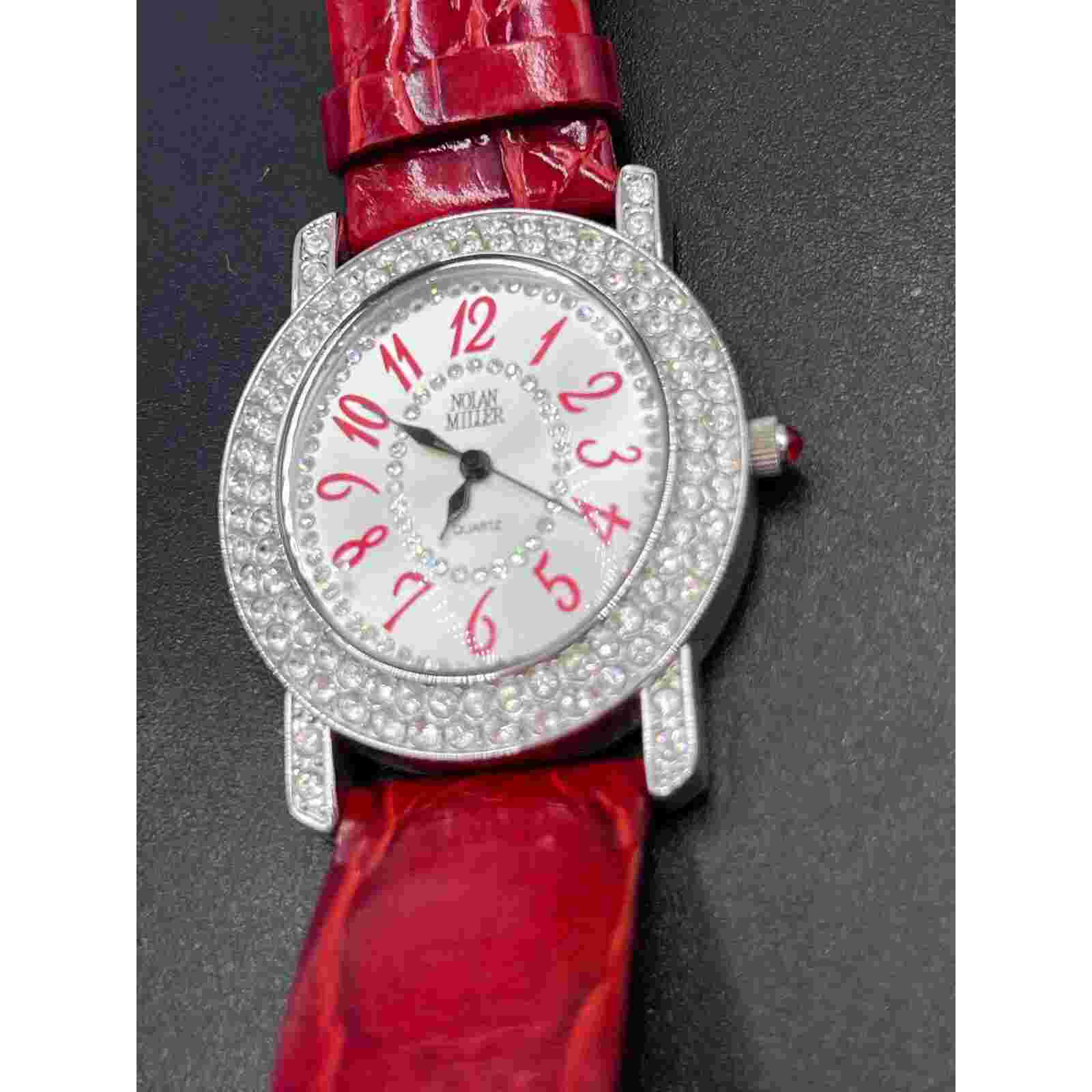 Nolan Miller Vintage quartz watch red leather band rhinestone bezel