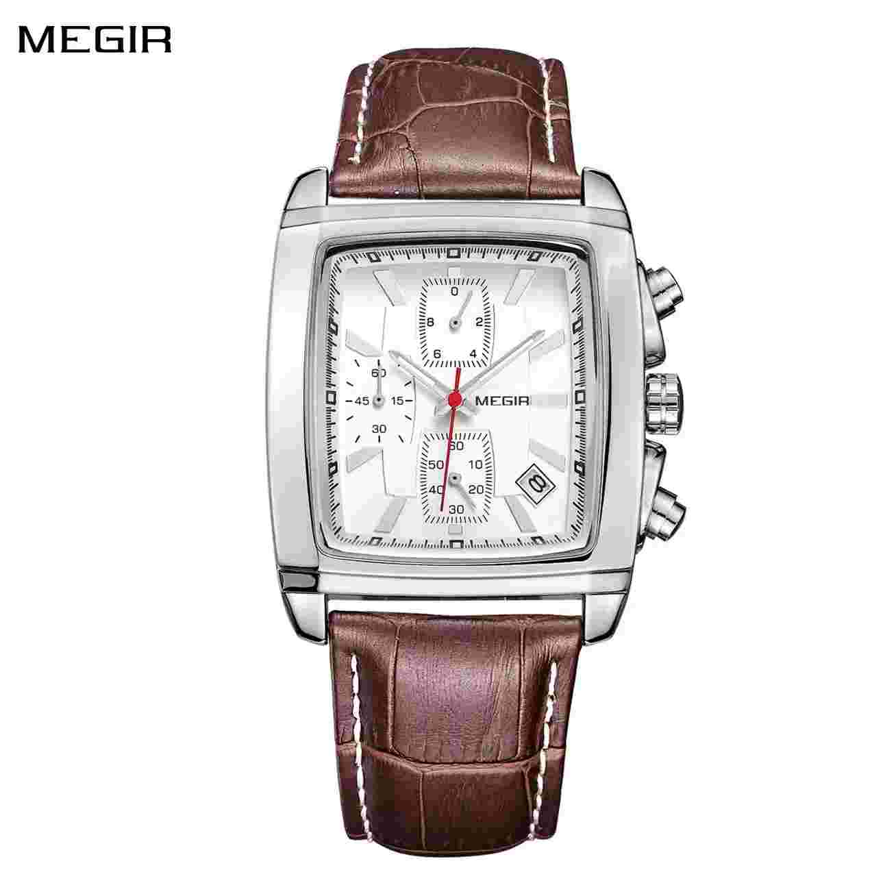 Megir 2028 Monaco Original Men Watch Quartz Chronograph Calibre 12 Leather Strap