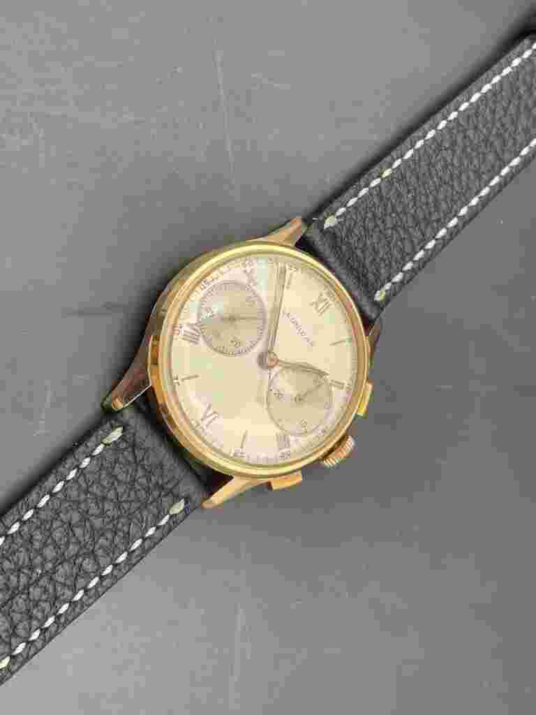 Vintage Leonidas Pre-Heuer Big Eye 18kt Pink Gold Val.23 Chronograph Watch