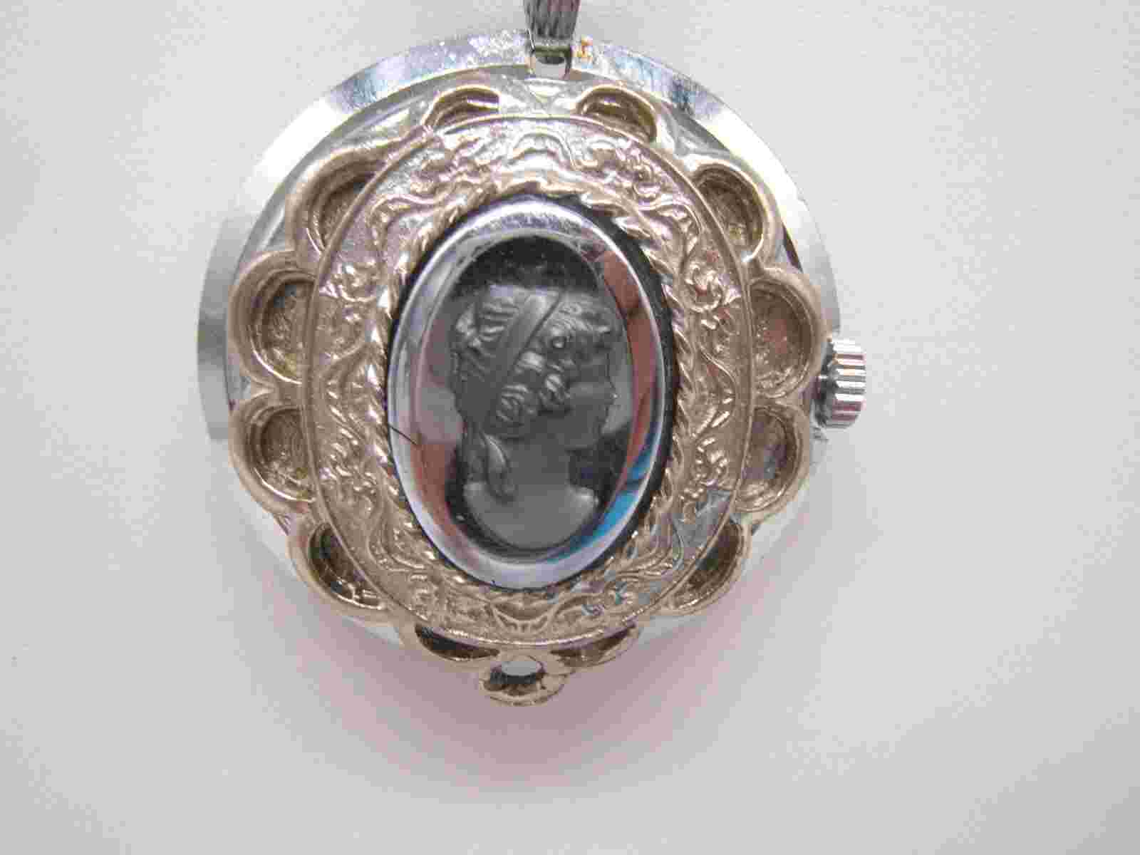 PENDANT WATCH WITH CAMEO MECHANICAL SILVER TONE WORKING VGC