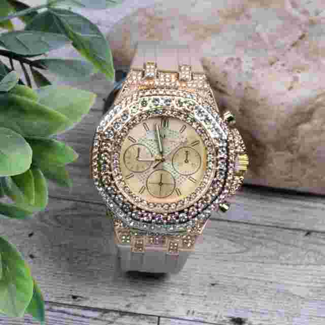 Montres Carlo Men's Hip Hop Rapper Luxury Stones Dress Wrist Watch Gold Finish