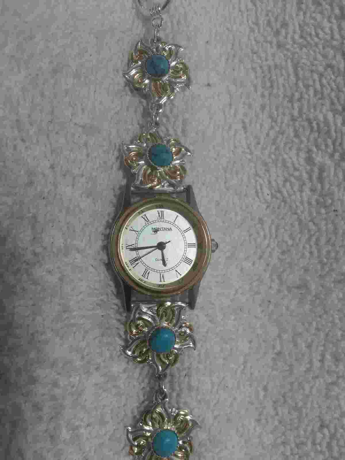 Montana Silversmiths Watch Silver Gold Flower Turquoise Stone Bracelet New Bat