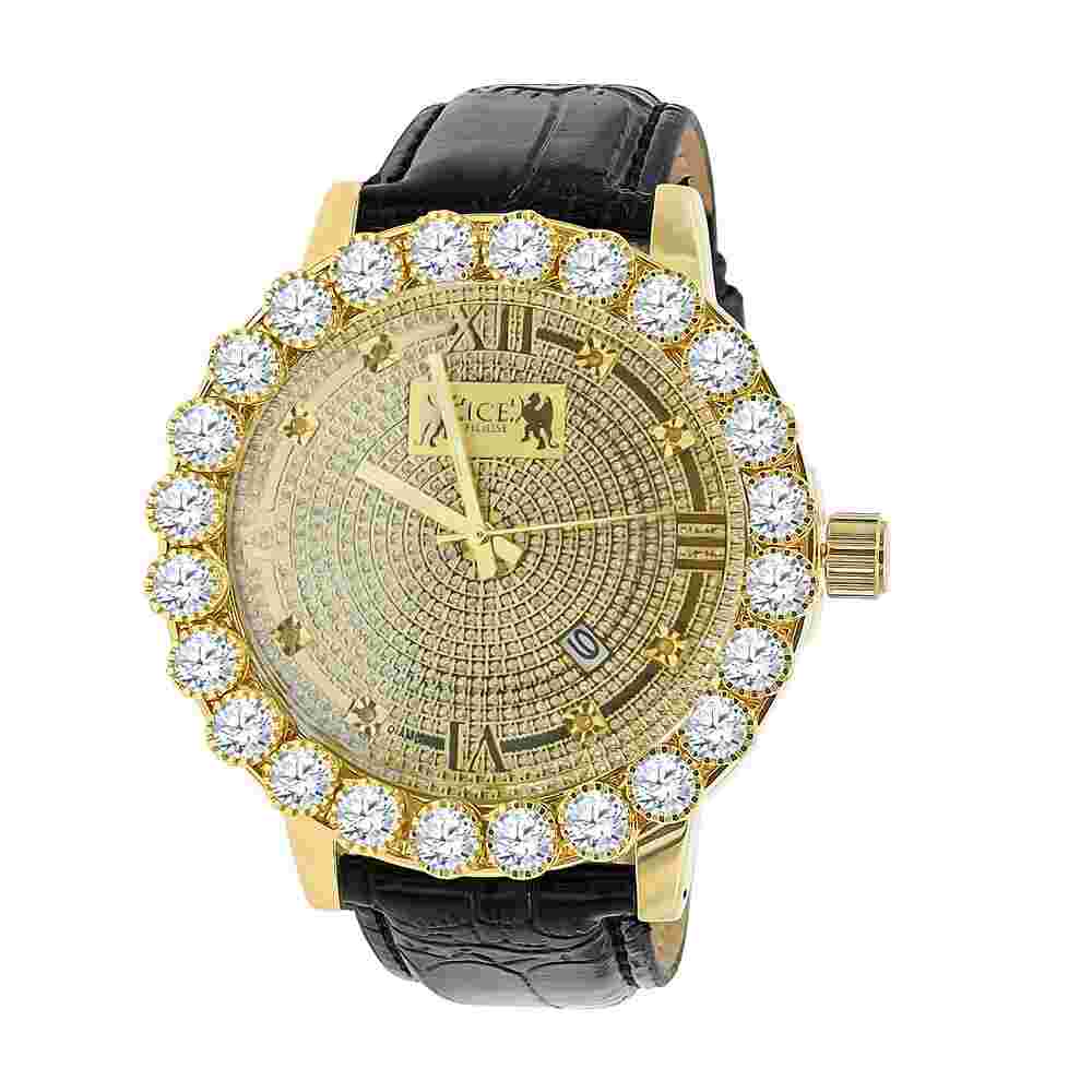 Real Diamond Dial Men's Yellow Gold Tone Solitaire Bezel Genuine Leather Watch