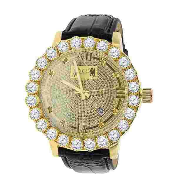 Real Diamond Dial Men's Yellow Gold Tone Solitaire Bezel Genuine Leather Watch