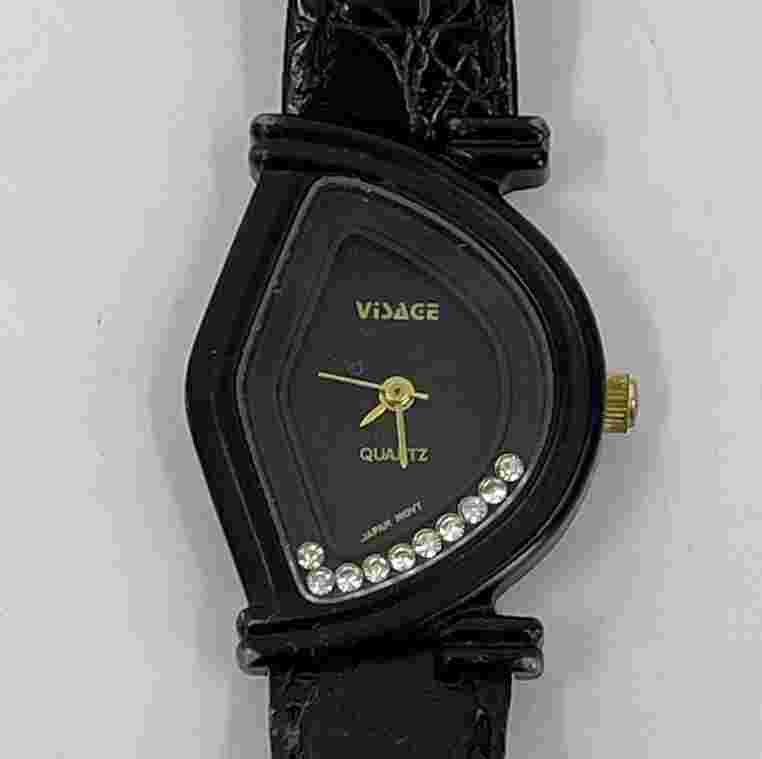 Vintage Visage Watch Floating Crystals Abstract Face Croc Embossed Leather Band