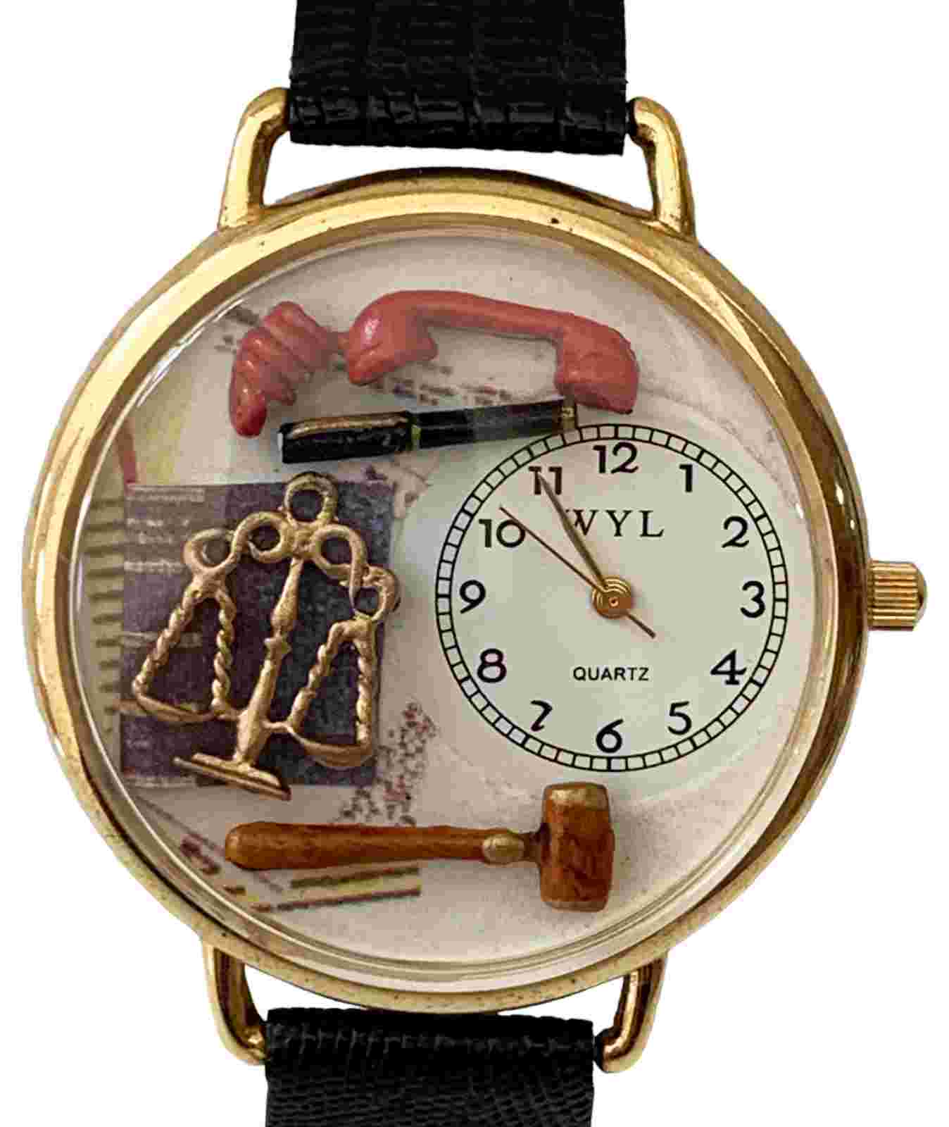 VTG Whimsical Watches Large Face Legal-Themed Gold Finish Watch w/New Battery
