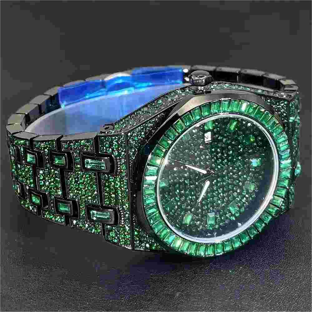 Reloj de Hombre con Diamantes Piedras Brillantes Negro Verde Relojes Para Hombre