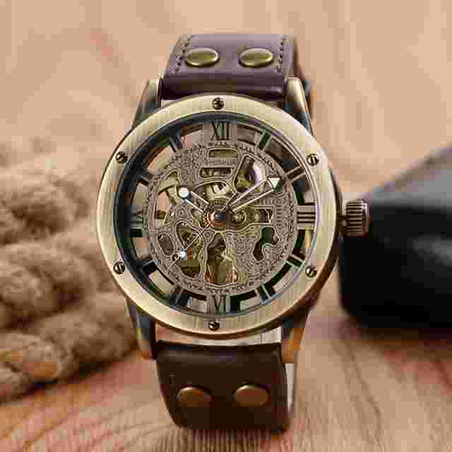 SHENHUA Bronze Self-Wind Mechanical Genuine Leather Strap Men Dress Wrist Watch