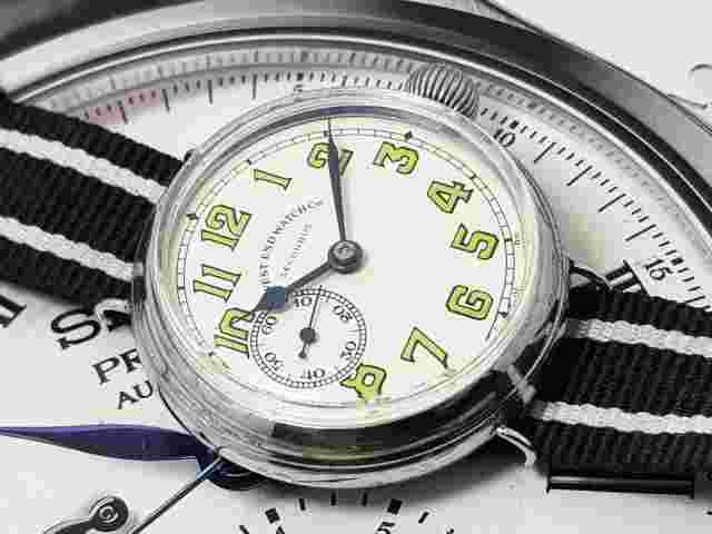 Rare West end watch co., Secundus white Dial wire lug sub second 4.