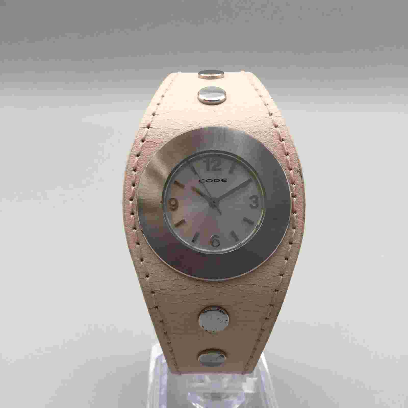 Code Watch Women Silver Tone 30M Pink Wide Leather Cuff Band New Battery