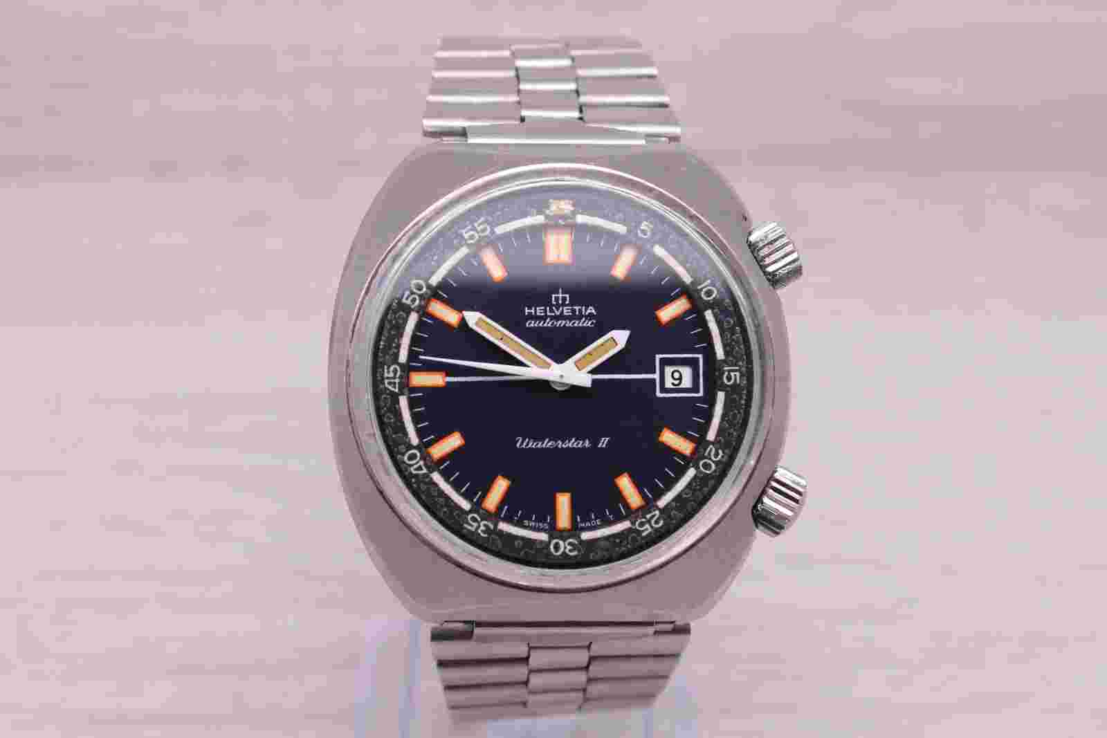 Vintage Helvetia Waterstar II Mens 40mm Steel Automatic Twin Crown Divers Watch