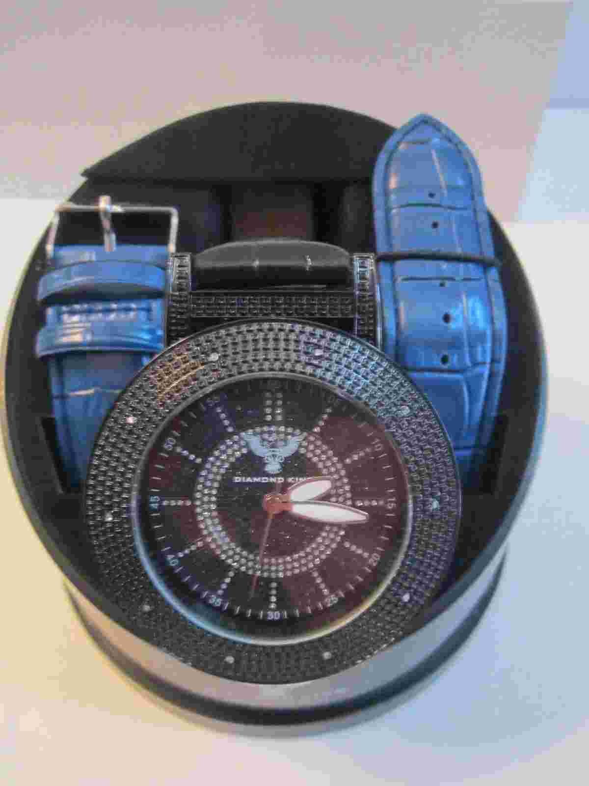 DIAMOND KING WATCH 10 AUTHENTIC DIAMONDS ON BEZEL DKB007 1 EXTRA BAND 52mm CASE