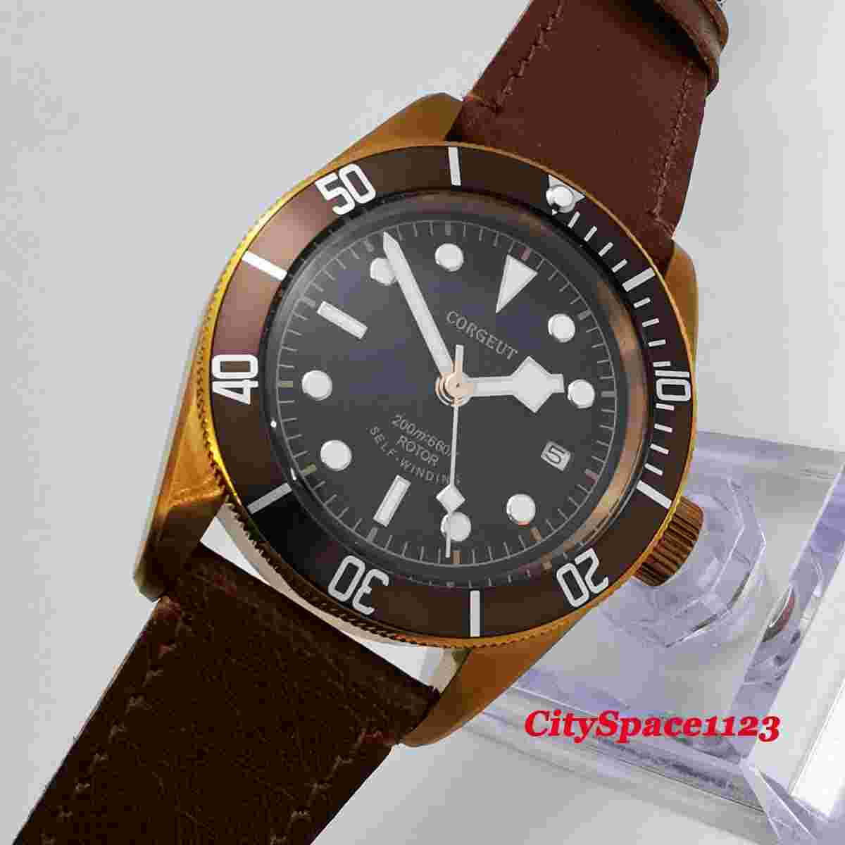 41mm CORGEUT Brass Sapphire Glass Date Leather Automatic Movement Mens Watch