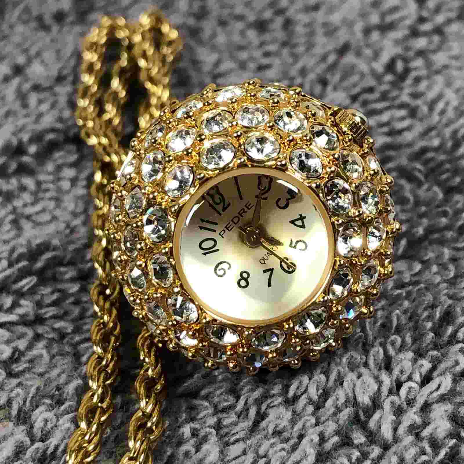 Pedre White Dial Pave Ball Gold Tone 26mm Quartz Analog Pendant Watch