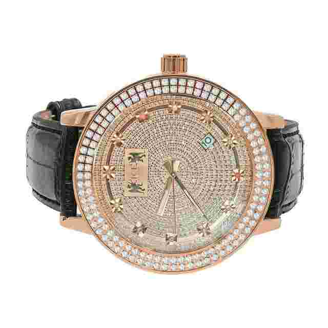 Real Diamond Dial Two Row Steel Bezel Rose Gold Leather Strap Band Khronos Watch