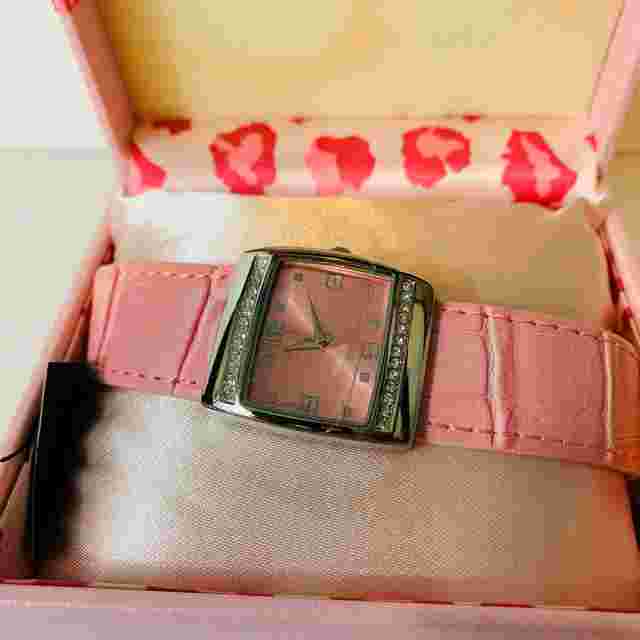 Mary Kay Pink Watch Rhinestones Square Face Original Box Needs battery Analog