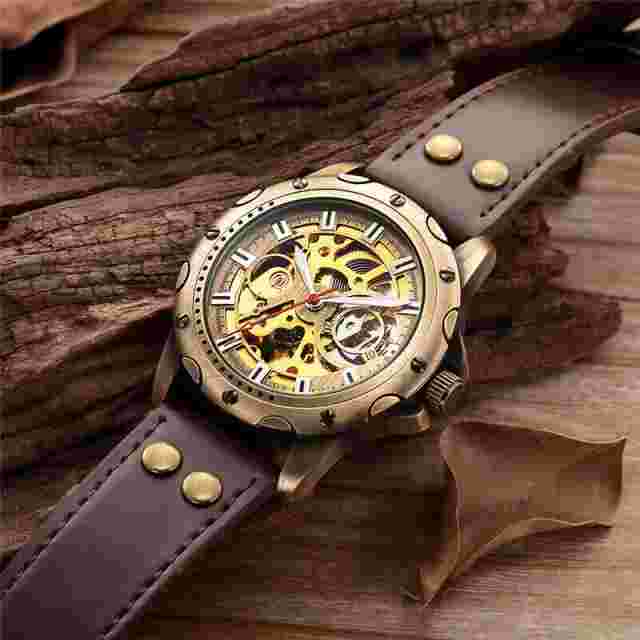 Automatic Skeleton Diver Watch Bronze Visible Exhibition Brown Leather  Men 44mm