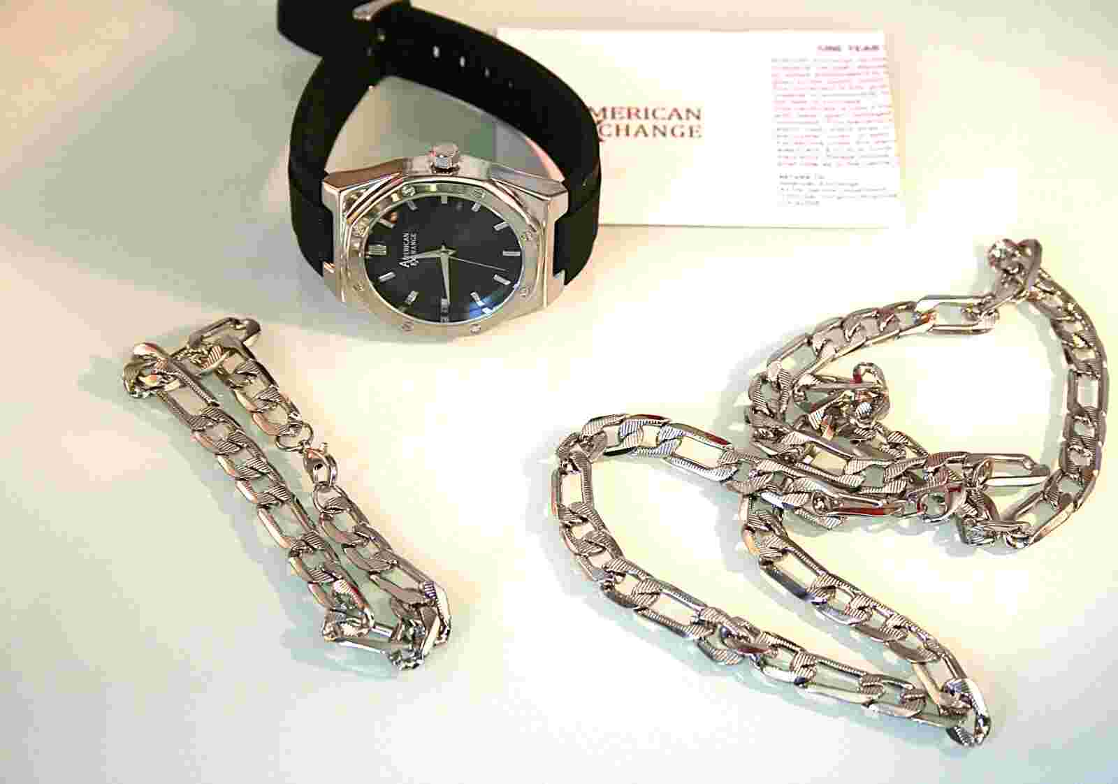 American Exchange Men's Quartz Movement Black Silicone Strap with Figaro chains