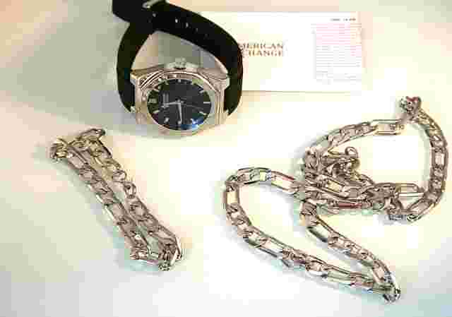 American Exchange Men's Quartz Movement Black Silicone Strap with Figaro chains