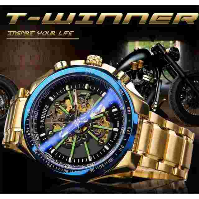 T-Winner Luxury Men's Stainless Steel Luminous Glass Mechanical Skeleton Watch