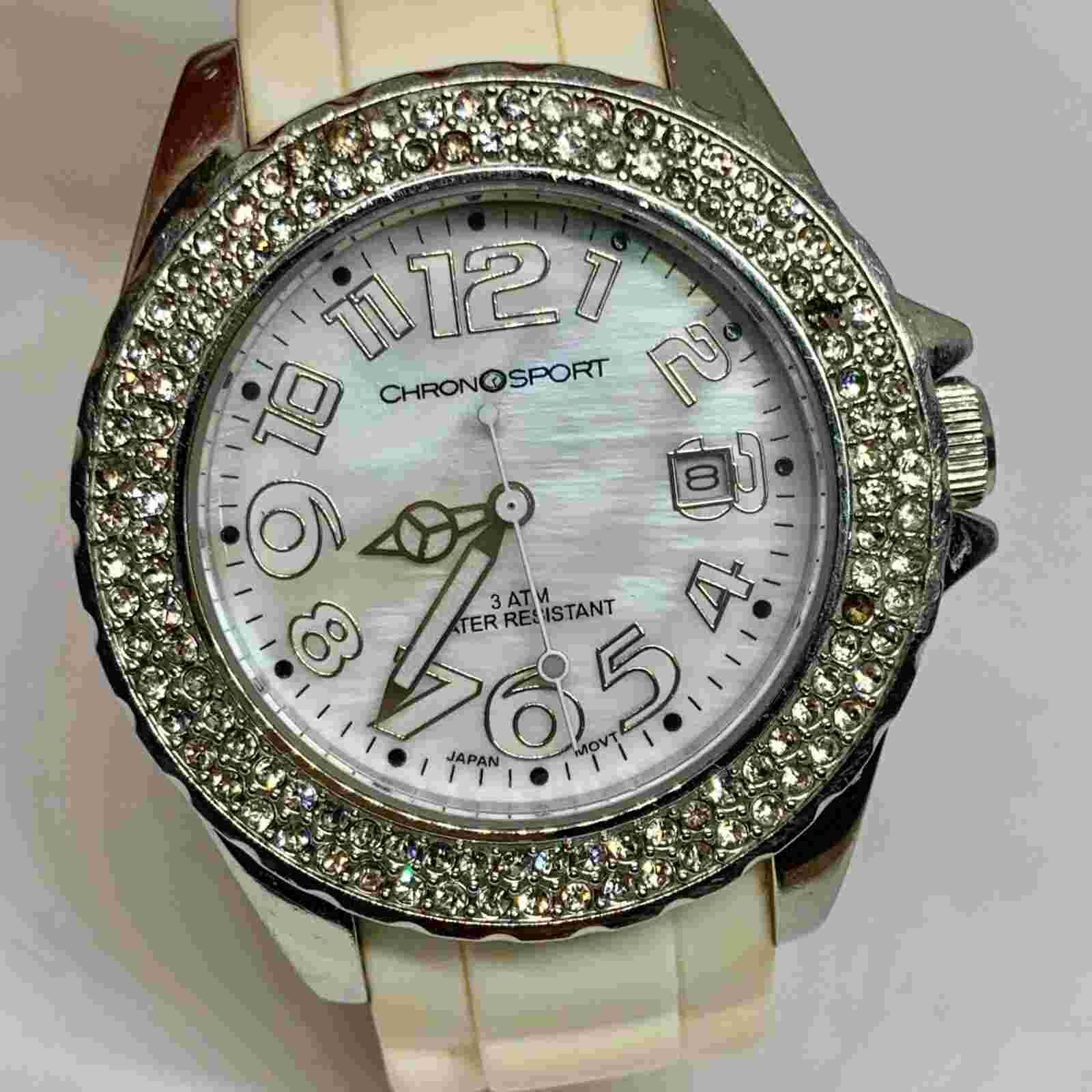 Chronosport women’s quartz analog watch large face 43mm silver tone crystals pla