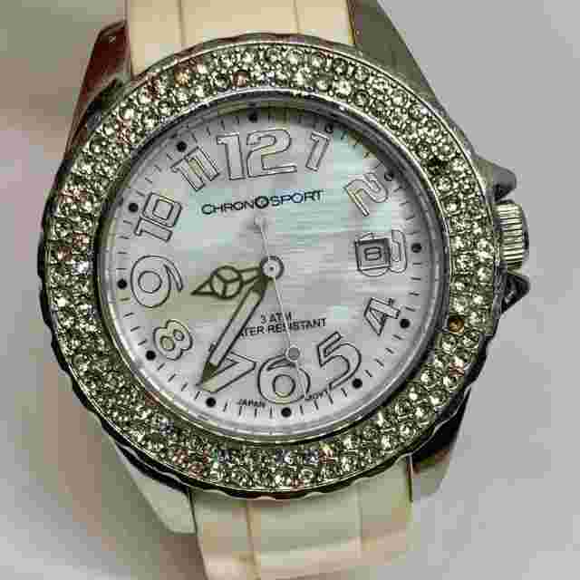 Chronosport women’s quartz analog watch large face 43mm silver tone crystals pla