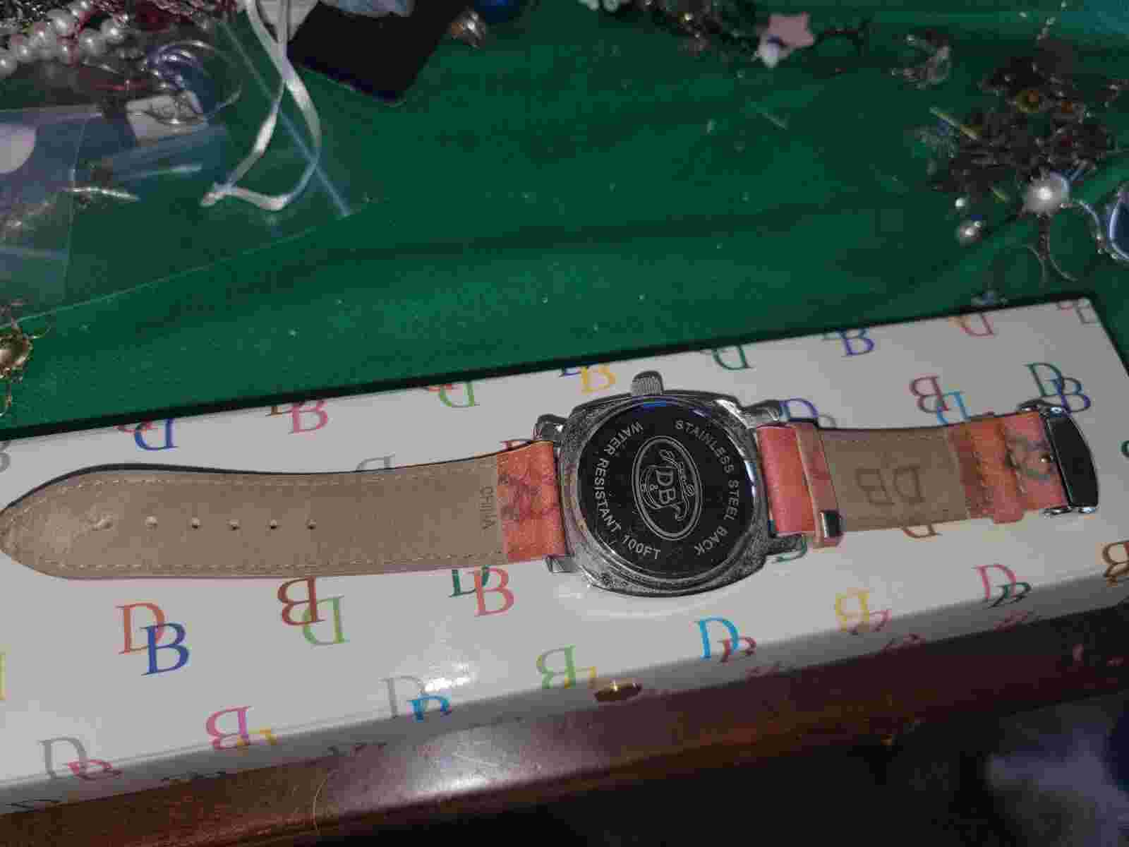 Dooney & Bourke Women Silver Tone Pink Pave Bezel Heart Dial Watch W/Box