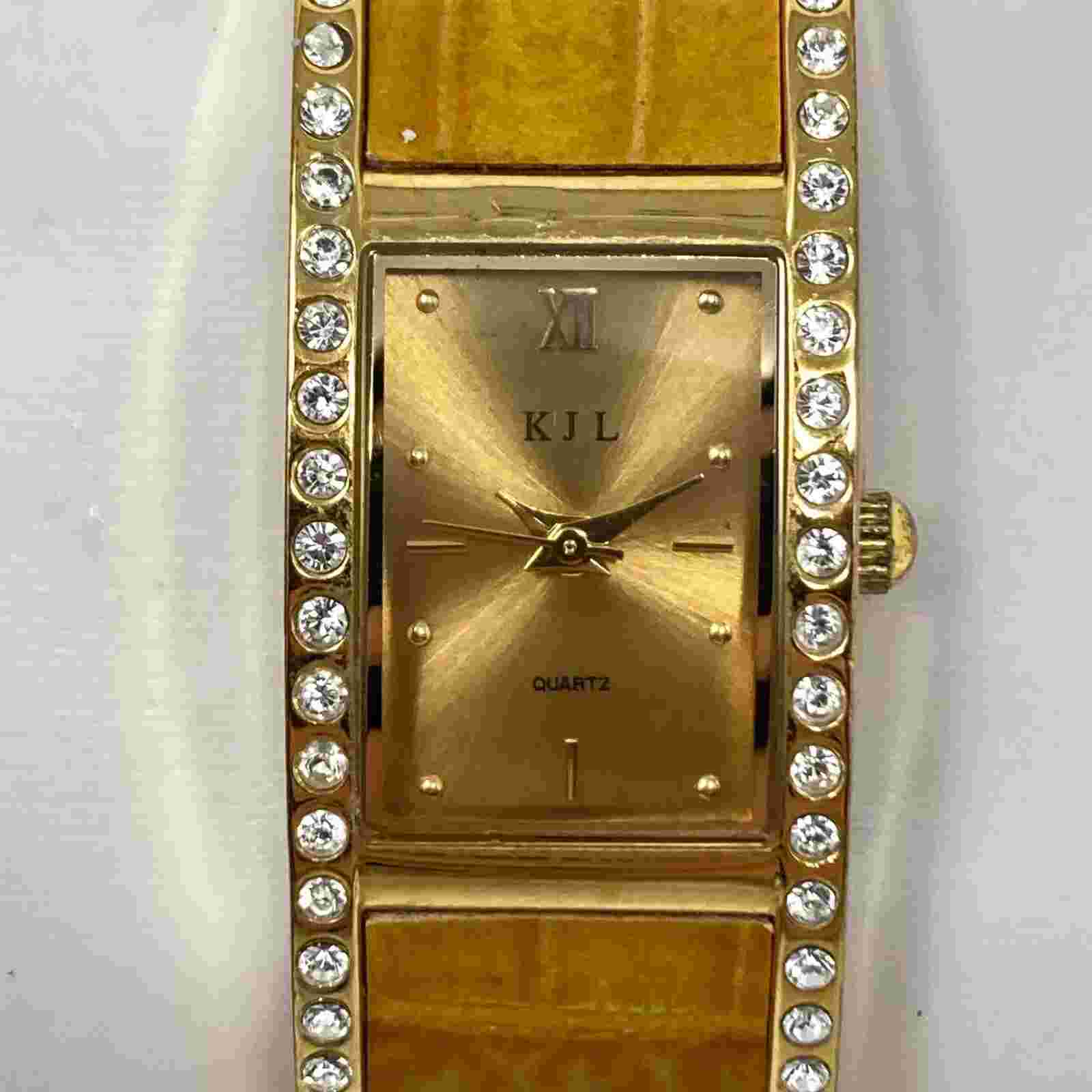 Kenneth Jay Lane KJL Tank Watch Women 20mm Gold Tone Pave Cuff New Battery 6.75"
