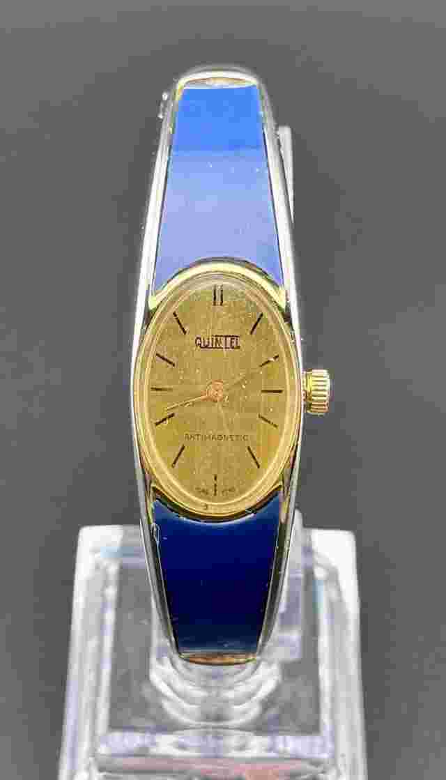 WORKING VINTAGE QUINTEL ANTIMAGNETIC LADIES MECHANICAL WATCH BLUE CUFF L0