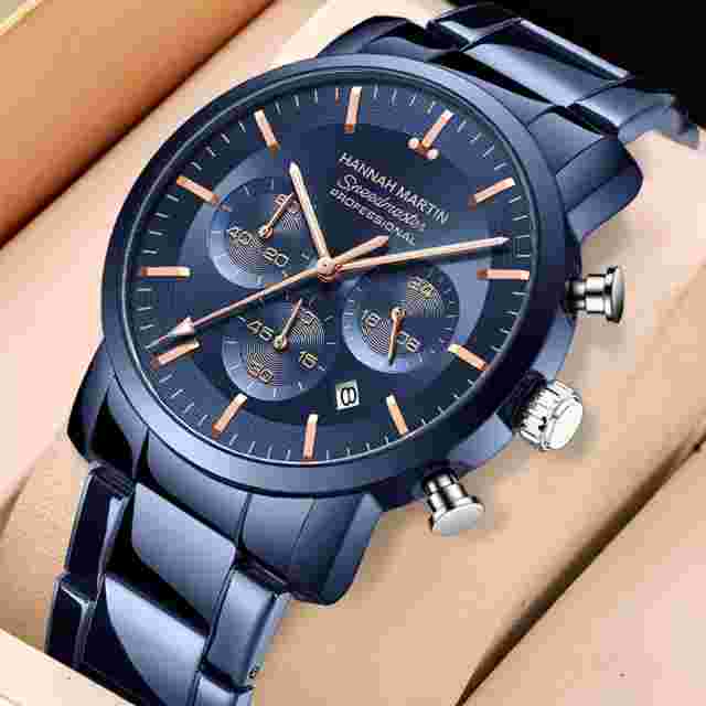 New Multi functional Watch Hannah Martin Brand 46mm Blue Silver Stainless