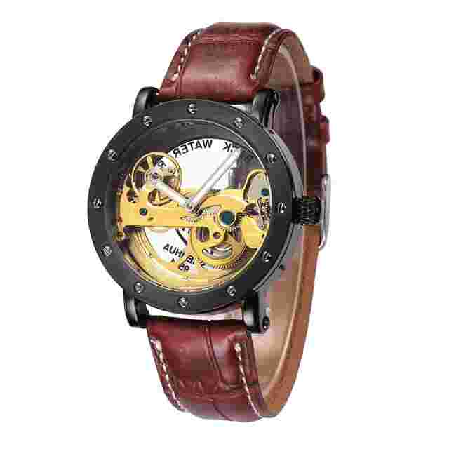 Luxury Automatic Transparent Mechanical Brown Leather Strap Skeleton Men's Watch
