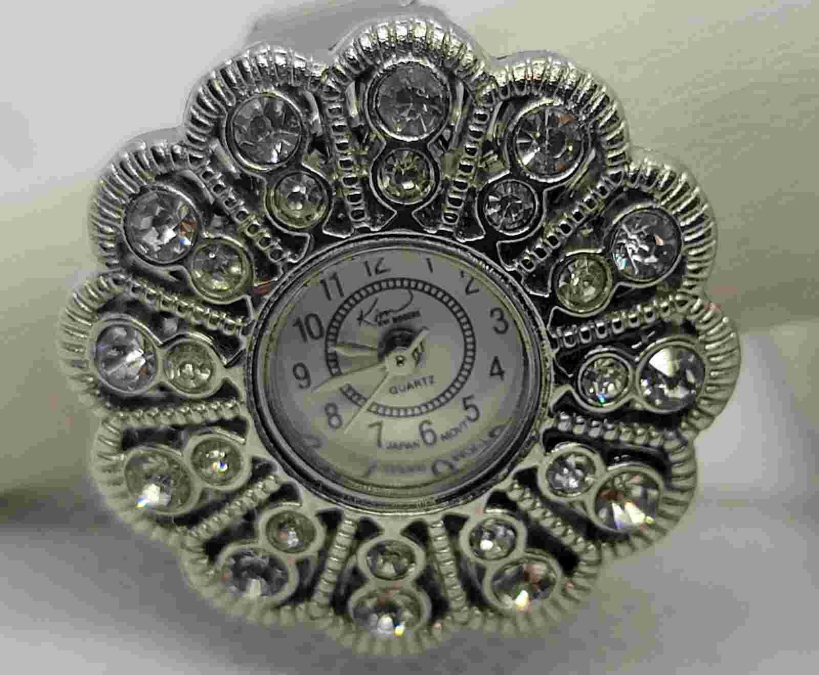 Kim Rogers - Stretchy - RING WATCH - Silver Tone Smoked Color Rhinestones. NICE.